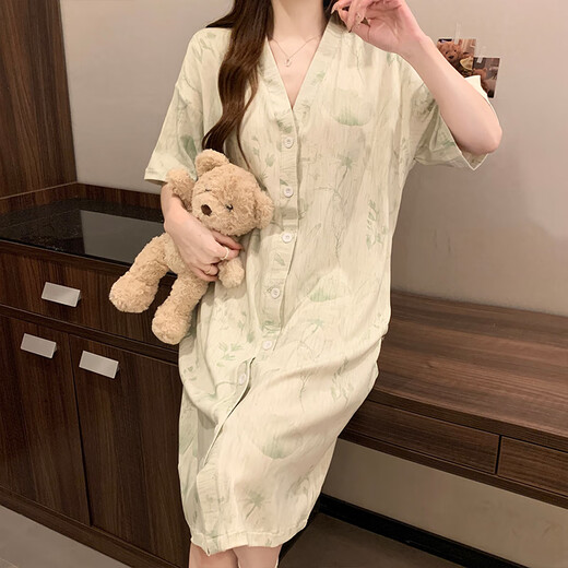 另约新中式睡裙女带胸垫夏季短袖复古风高级感睡衣连衣裙春秋款家居服 5155 绿色花朵 带胸垫 XXL
