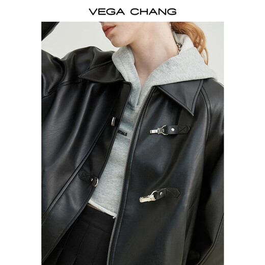 VEGA CHANG机车风皮衣女春秋季2025年韩版bf风一字扣PU皮夹克短外套 黑色 M