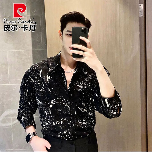 Pierre Cardin Spring and Autumn New Internet Celebrity Long Sleeve Floral Shirt Men's Fashion Dark Ice Silk Shirt Retro Niche Bottoming Shirt Nightclub Black XL 145-168Jin Jin is equal to 0.5 kg