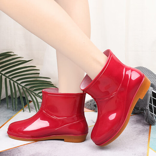 Aolie Regenstiefel für Frauen mit niedriger Zylinder Nicht-Schlupf-Modeküche Frauen Regenstiefel Kurzzylinder modische Wasserschuhe Rindfleisch Sehnen Sohle Kleidung resistente Regenstiefel rot (Einzelschuhe) 38