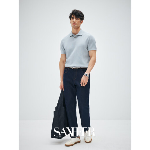 Sanheer [Estoric Gentleman] 120er Jahre langer Samt Baumwoll atmungsaktives Lochverpackungsprozess Kurzärärmelte T-Shirt DAT983 Sunny Blue 2xL /54
