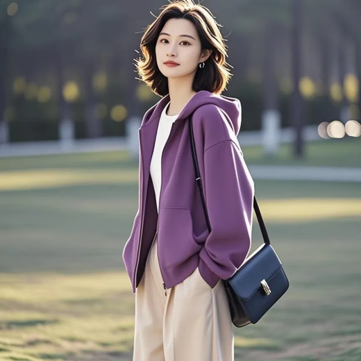 皮尔卡丹（pierre cardin）2025早春新款小个子设计感百搭小众不撞款开衫卫衣绿色外套女 紫色 棉 XL 【建议120-130斤】