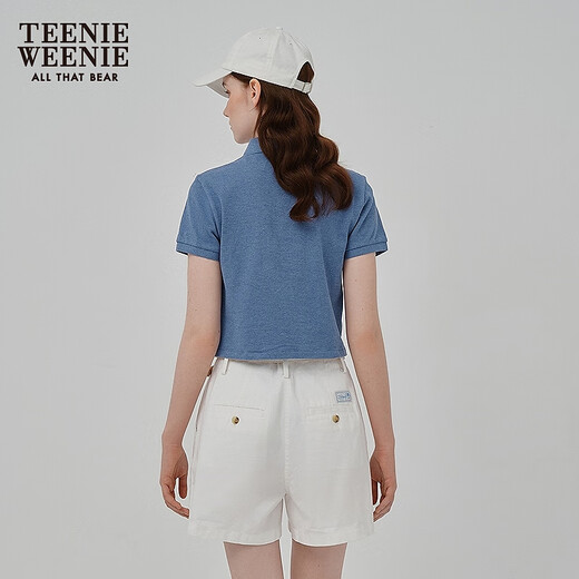 Teenie Weenie小熊POLO衫女2025年夏新款刺绣时尚舒适花纱刺绣短袖T恤女 浅蓝色 L