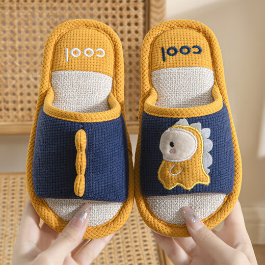 Robot pig children's linen slippers for boys 2025 new medium and large children spring and autumn boys baby home cotton and linen slippers non-slip navy blue size 34-35 inner length 21cm