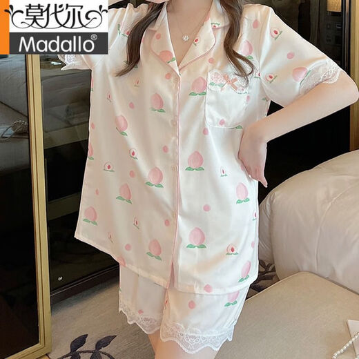 Pajama de verano modal para mujeres Seda de seda de hielo Pantalones de manga corta Sweet Sweet Summer Seda delgada de dos piezas FS_9905# Cardigan Short Peach M