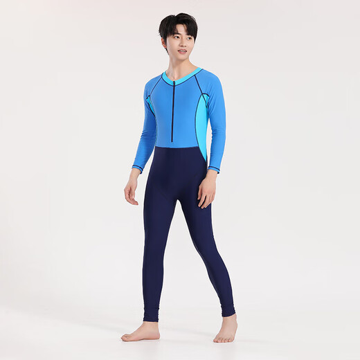 Yosoci one-piece swimsuit men's long-sleeved long pants wetsuit swimming training sunshade quick-drying elastic comfortable surfing suit KYL2381 (blue) XL