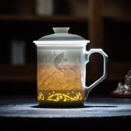 Gold inlaid jade Huang Shouliang handmade tea cup Jingdezhen Yingqing carved business office home tea cup gift giving good luck