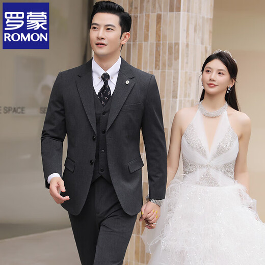 ROMON Wool Suit Suit Men's Business Casual Suit Men's Wedding Groom Groomsman Dress Professional Formal Jacket Single-breasted Dark Gray Three-piece Set Free Tie 2XL