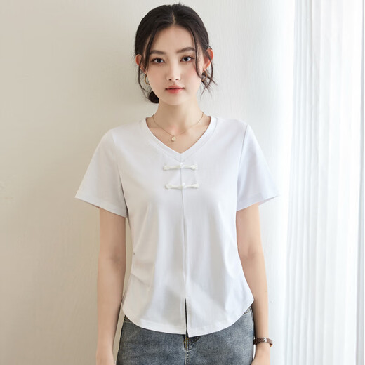 Magischer chinesischer Stil falten kurzärmeliges T-Shirt mit V-Ausschnitt für Frauen im Sommer Neues T-Shirt-vielseitiges Retro-Top für Frauen 9893 Brick Red L (110-120jin [Jin entspricht ungefähr 0,5 kg])