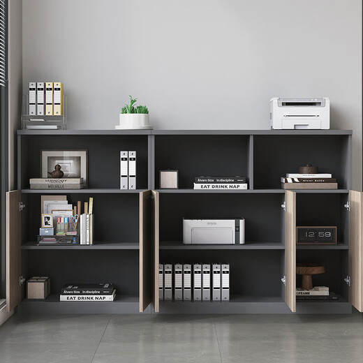 Zhibo Office File Cabinet Low Cabinet File Information Cabinet Locker Printer Cabinet Office Wooden Three Doors 120*40*Height 120CM Dark Gray + Dark Walnut