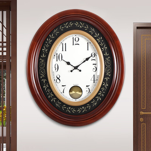 汉时（Hense）大尺寸椭圆实木挂钟客厅大堂挂墙时钟欧式高档大气石英钟表HW5266 带摇摆（高度60CM）