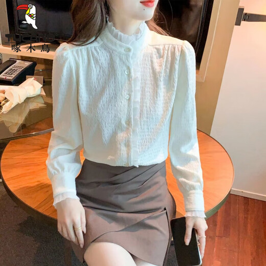 Woodpecker Autumn and Winter Western Style Shirt Thickened Lace Bottoming Shirt Women's 2026 New Inner Top Fashionable Velvet Shirt Off-White Regular M
