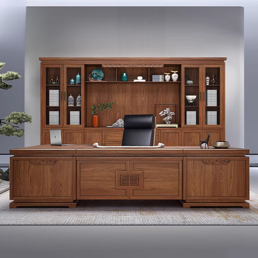 Ningqiu Luoge (NICHLORT) new Chinese style boss desk and chair combination solid wood president desk bookcase high-end office chairman executive desk 3.2 meters desk