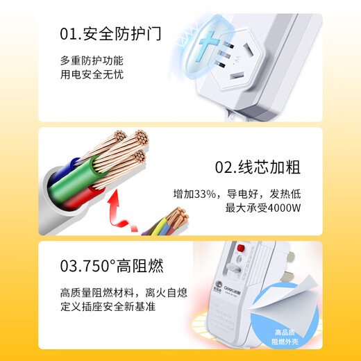 Jishun 16a socket leakage protection high power 10a row water heater air conditioner electric plug induction cooker power extension plug board 4000W 2 holes 1.5 meters
