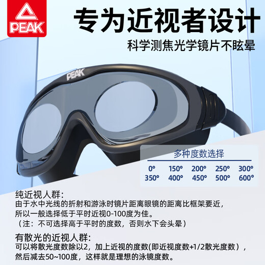 Peak swimming goggles myopia large frame high definition anti-fog waterproof swimming goggles and cap set for men and women professional adult swimming equipment smoke green black 150 degrees
