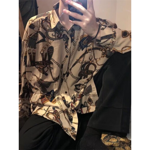 Xibaihua Hemd Hong Kong Style Gangster Hong Kong Style Retro Blumenhemd Männer hübsche Kleidung 80er Jahre Nostalgic Teen Black L