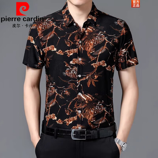 Pierre cardin summer middle-aged men's ice silk short-sleeved floral shirt men's mulberry silkworm. Silk breathable dragon pattern printed shirt loose dad 653 rose 165/M weight 100120