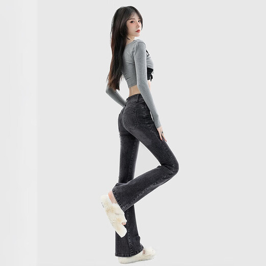 美式复古双扣微喇牛仔裤女高腰垂感显瘦马蹄裤拖地喇叭裤J880 黑灰色 XL（120-130斤）