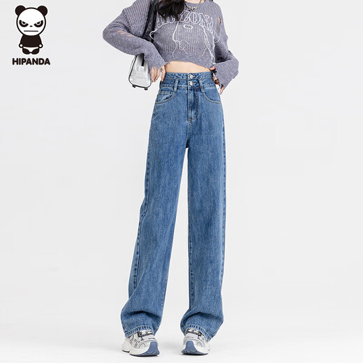 [Qualität neues Produkt] Hipanda Straight Jeans für Frauen im Sommer hoher Taille Doppelknopf lose Schlampenboden mit Breitbeinhose für Frauen dunkelblau m