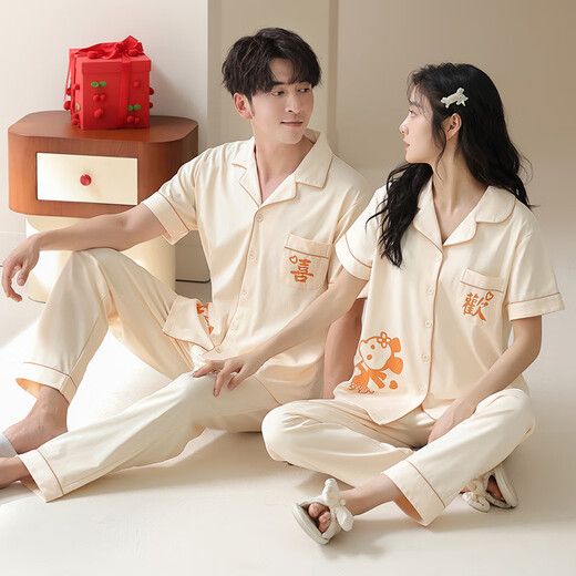 
LangSha (LangSha) pajamas couple outfit summer pure cotton 7A antibacterial short-sleeved trousers home clothes one man and one woman summer can wear out suit 6221 couple outfit women L+ men L