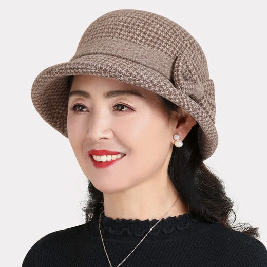 MANQIMEIYA Women's New Hat Women's Autumn and Winter Top Hat Woolen Basin Hat Middle-aged Older Hat Mom Hat Fashionable Fisherman's Hat Small Grid Woolen-Gray High Quality [55-58 Adjustable]