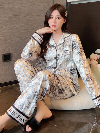 Xuan Mulin 2024 Nuevo pijama de terciopelo de oro para mujeres en primavera, otoño e invierno La ropa casera de tinta de cárdigan de manga larga se puede usar afuera de 5009 letras M Flower M