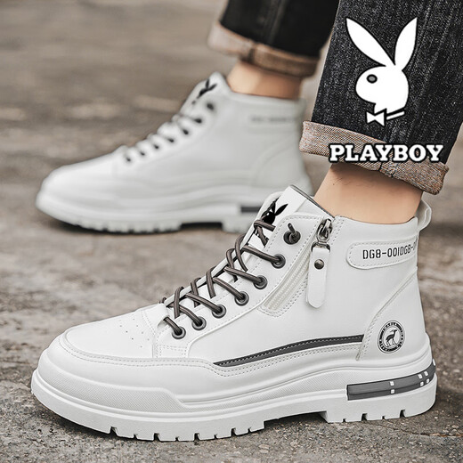 Playboy (PLAYBOY) men's shoes high top spring and summer new 2025 casual retro thick sole height-enhancing breathable trendy leather shoes men's Martin boots white gray 844 39
