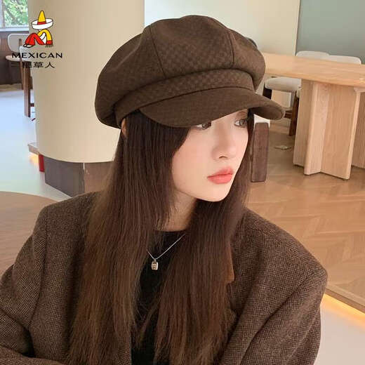 Scarecrow Beret Hat Women's 2024 Autumn and Winter New Korean Version Ins Versatile Octagonal Hat Showing Face Small Japanese Retro Newsboy Hat Black One Size