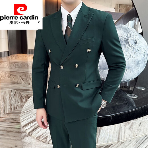 Pierre Cardin suit men's formal suit wedding slim British style business casual double-breasted men's suit jacket new product dark green suit + pants 5XL