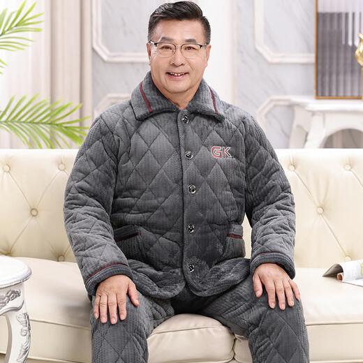 Pajamas pour hommes Xuanduoqi en hiver épaissis et velours corallien velours à trois couches en coton de l'âge moyen et âgés père d'automne et de vêtements de maison d'hiver C9902 # hommes gris noir [Velvet de lait] xl (120-140jin [Jin équivaut à 0,5 kg]) à trois couches épouses épaisseries