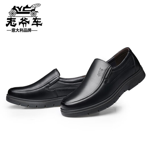 老爷车皮鞋男真皮商务休闲皮鞋男士秋冬季加绒爸爸鞋软底软皮中老年男鞋 WK9901黑色款 40码（标准皮鞋码数）