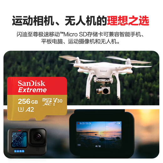 闪迪（SanDisk）256GB TF(MicroSD)内存卡 4K极速金卡A2 V30 U3行车记录仪 运动相机无人机 监控存储卡 读190MB/s
