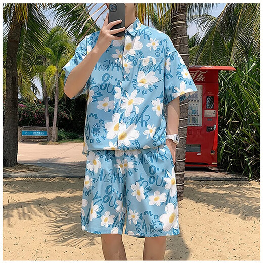 肯奈迪衬衫夏季男休闲衬衫提花短袖男衬衣花衬衫夏威夷宽松沙滩度假外套 蓝色-花朵-衬衫短裤两件装 2XL 【170CM-180CM】