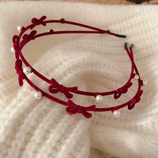 Le Xicong red atmospheric hair accessories pearl bow headband for women 2025 new flocked headband pearl headband hairband red bow pearl headband one pack