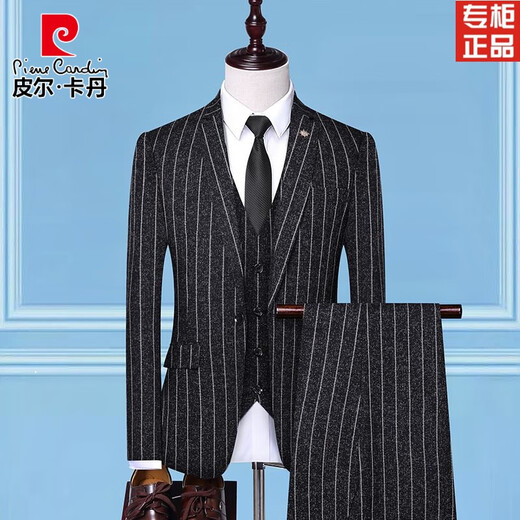 Pierre Cardin suit men's Korean style slim striped suit three-piece business wedding dress for men black suit + vest + trousers 4XL