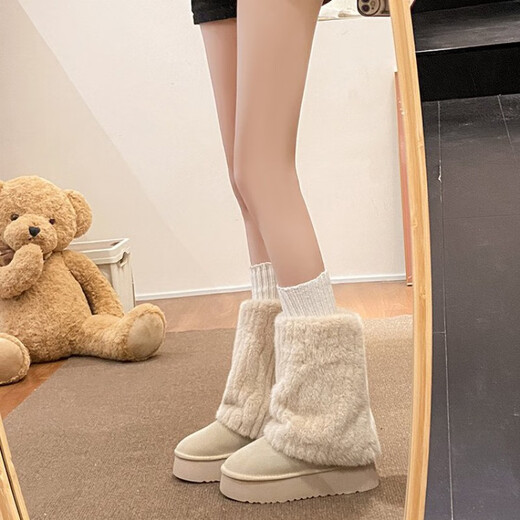 FSAT厚底雪地靴女2026冬季加绒加厚保暖中筒东北棉鞋女短靴子人造短毛 米色 加绒 35 标准尺码