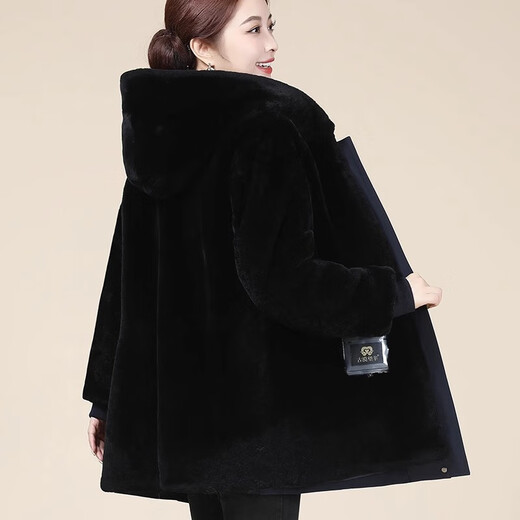 
Ancient Invincible Sheep Lady's Hooded Sheepskin Wool Parker Fur Integrated Fur Parker Thickened Warm Winter Women's Navy Blue XL 50