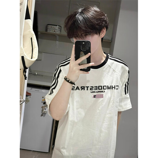卡图弛美式条纹拼接纯棉短袖t恤男夏季宽松潮流五分半袖高街重磅体恤衫 白色 XL