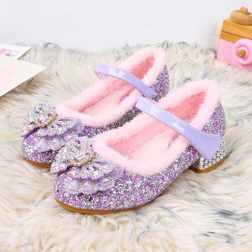 BeiRanMay Princess Elsa Shoes Summer Girls 2025 Children's Crystal Shoes Princess Elsa Shoes Little Girls Birthday High Heels Purple Rhinestone Velvet 28/Shoe Inner Length 18cm