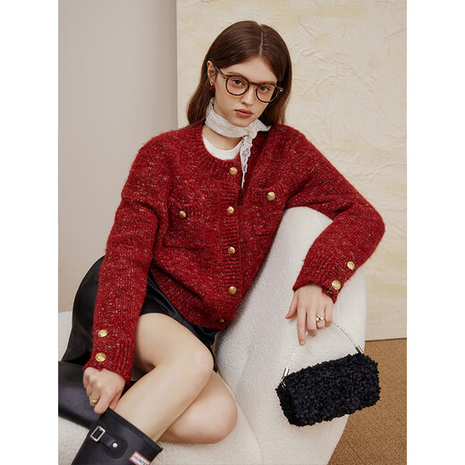 
Fan Silan 23FS14110 lazy style sweater cardigan jacket for women in autumn and winter super beautiful little fragrant style knitted sweater Rouge red XL