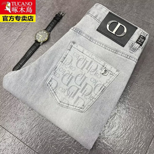 Holzpecker (Tucano) Trendy Marke High-End European Jeans Herren Sommer hellfarbig gesticktes elastisches, schlankes Füße leichter Luxus grau-weiße lange Hosen Yiniu 9906 Blue 31