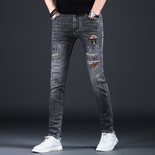 Ke Jiehao embroidered jeans 2024 spring and autumn new small foot slim casual pants Hong Kong high-end elastic gray trendy brand men's pants OD-A675 regular 30 [2 feet 3]120-129Jin [Jin equals 0.5 kg]