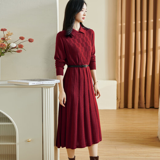 Misshine 2024 autumn new style retro plaid dress design pleated knitted skirt for women 3523 red S