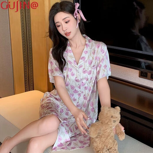 
Ancient and modern @ summer women's ice silk nightgown summer thin pajamas short-sleeved cardigan dress imitation silk home clothing GJ-AM-11969 one-size [suggested 80Jin[Jin equals 0.5 kg]-135Jin[Jin equals 0.5 kg]]