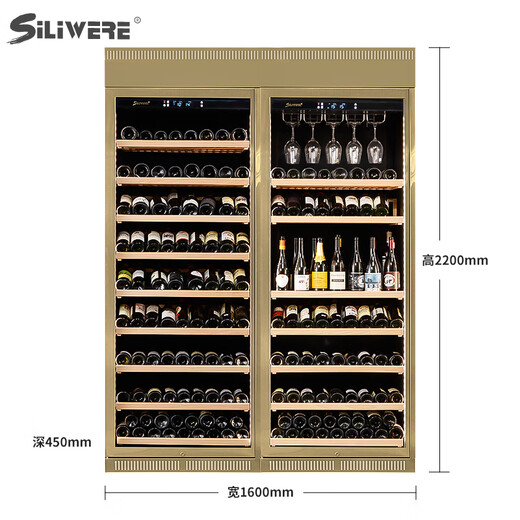 SILIWERE red wine cabinet, constant temperature wine cabinet, home red wine cabinet, living room wine cabinet, custom red wine cabinet, width 800 depth 450 height 2200 champagne gold 2 units 500L exclusive version