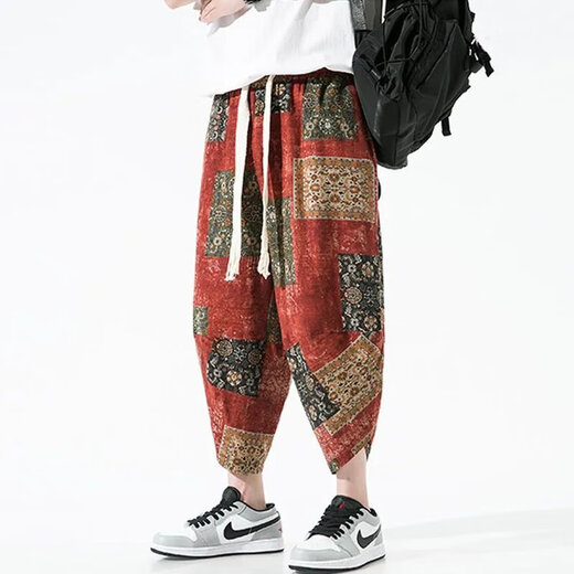 Wanjun Pantalon recadré pour hommes et ethnique chinois pantalons décontractés imprimés pantalons larges lâches