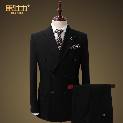 Leshili high-end handsome suit suit male groom wedding dress slim stretch black business casual suit suit arch line double button black 2-piece set (jacket + pants) 180/52/XL default size 33 pants