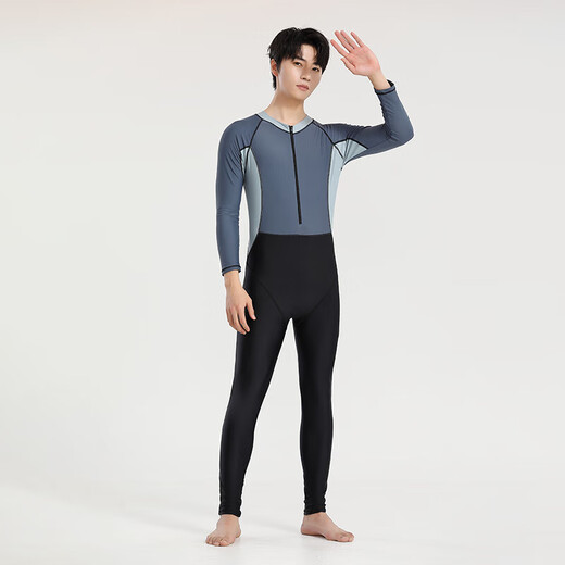 Yosoci one-piece swimsuit men's long-sleeved long pants wetsuit swimming training sunshade quick-drying elastic comfortable surfing suit KYL2381 (blue) XL