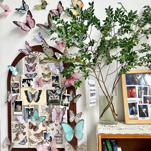 Yunshun Felt Board Photo Wall 3D Butterfly Wall Sticker Message Cork Board Display Board Bedroom Entrance Background Wall Decoration Painting Retro Brown 60*80 32 Three-dimensional Butterfly + 6 Cards + Velcro