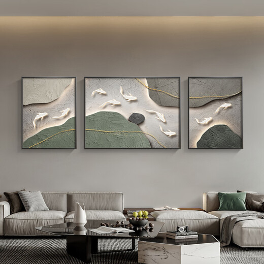 美优淳 九鱼图客厅装饰画侘寂风肌理沙发背景墙挂画简约高级感三联壁画 JD12170 左右60*80中110*80油画布ps黑框